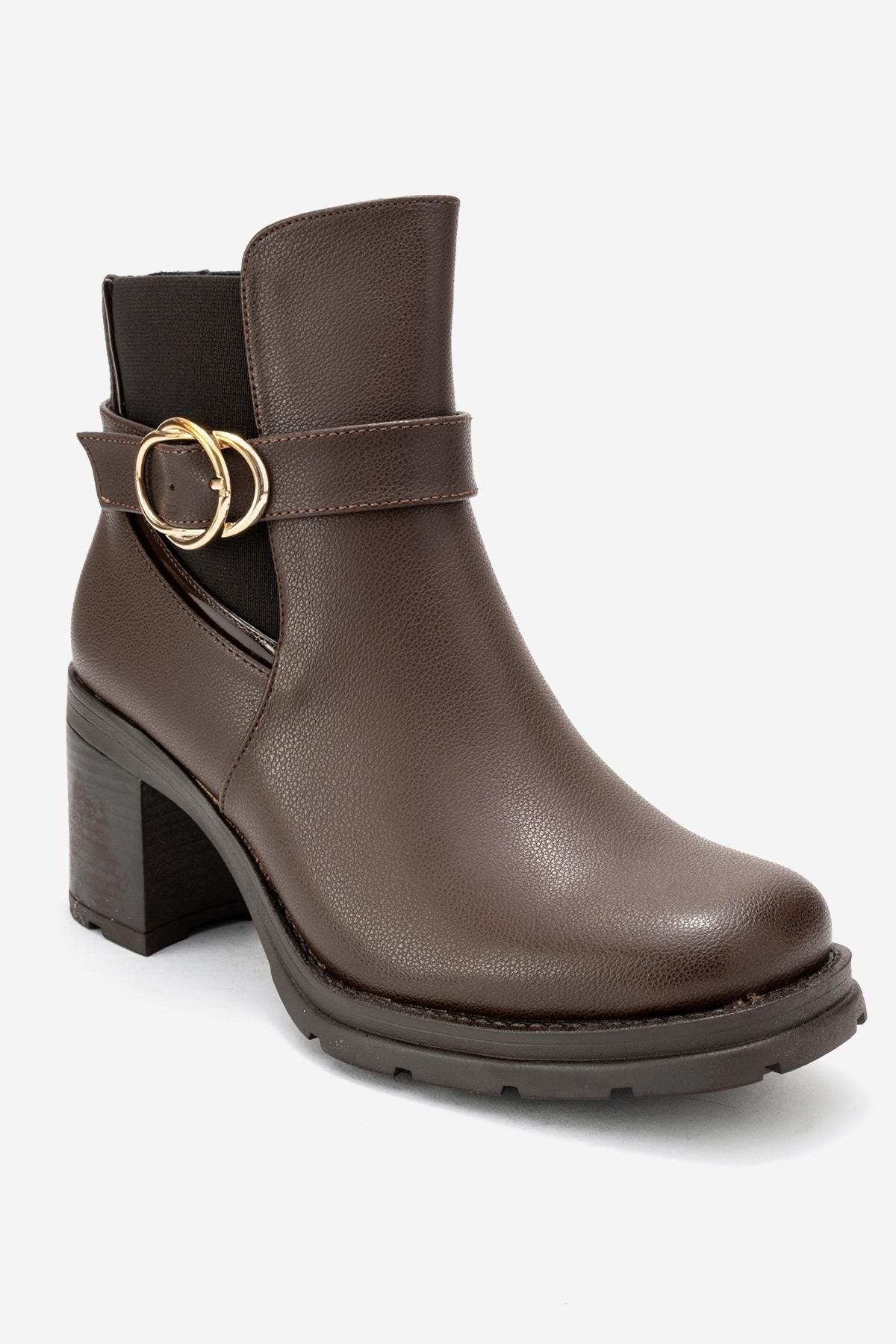 Heile Buckle Block Heel Boot, Main, color, Brown