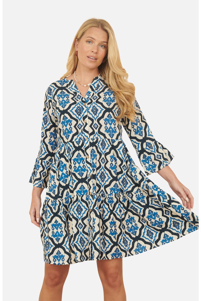 Ikat Print 3/4 Sleeve Tunic Dress, Alternate, color, Blue