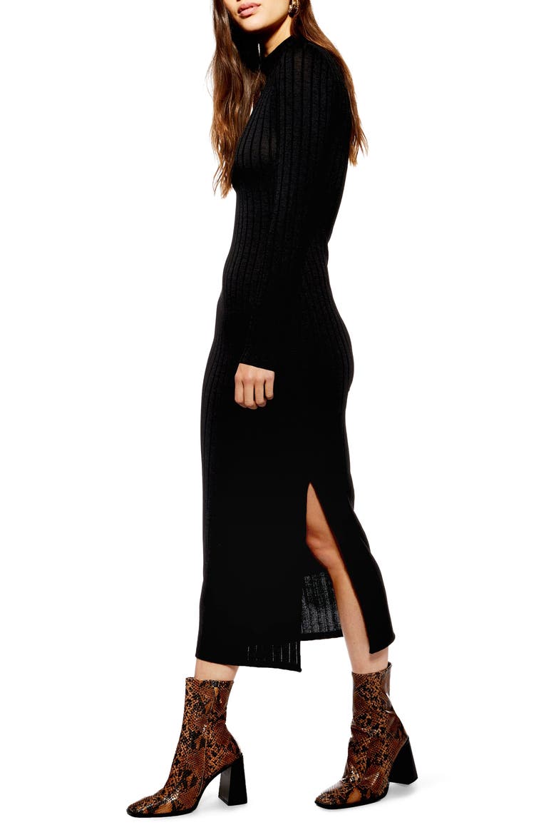 High Neck Ribbed Midi Dress, Alternate, color, BLACK