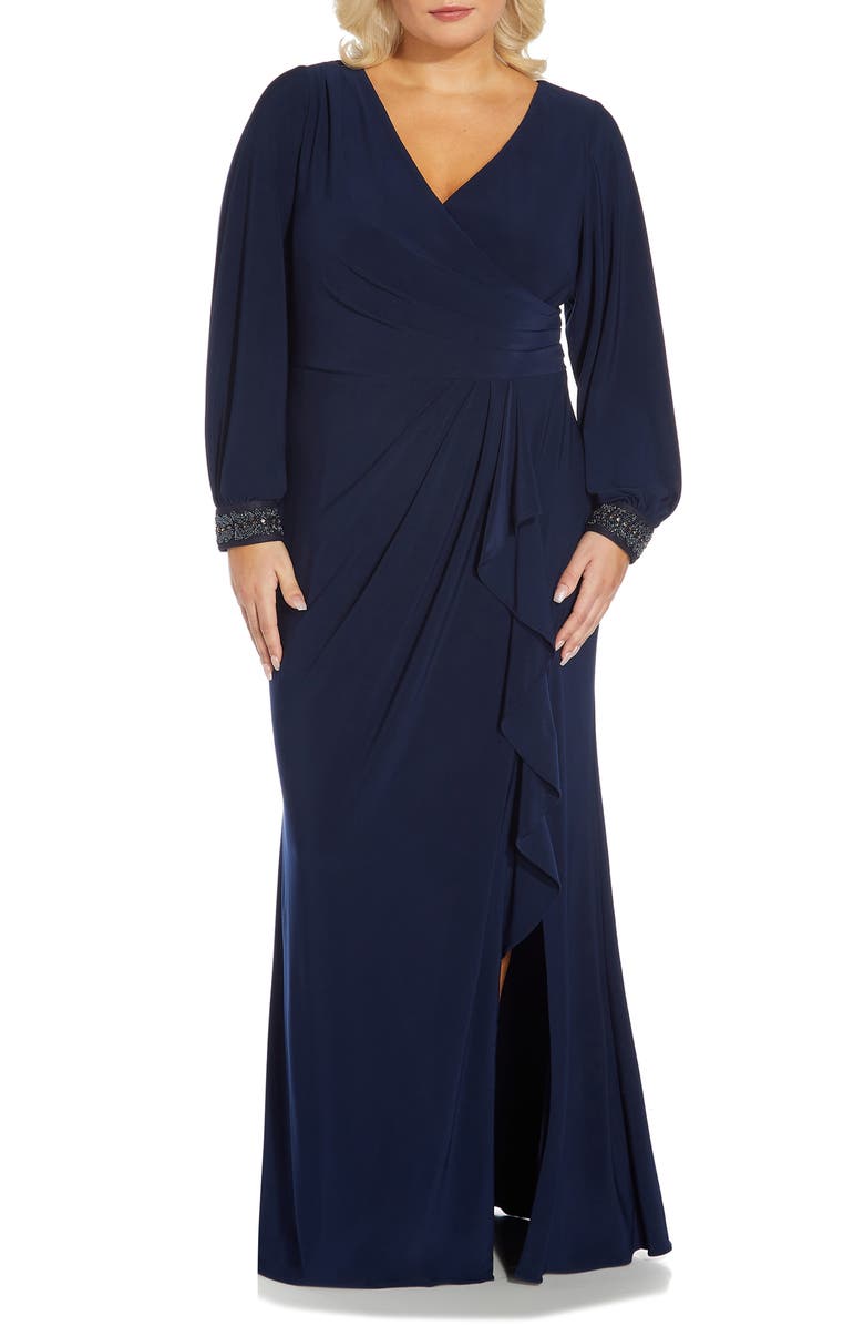 Adrianna Papell Draped Beaded Long Sleeve Jersey Gown, Main, color,