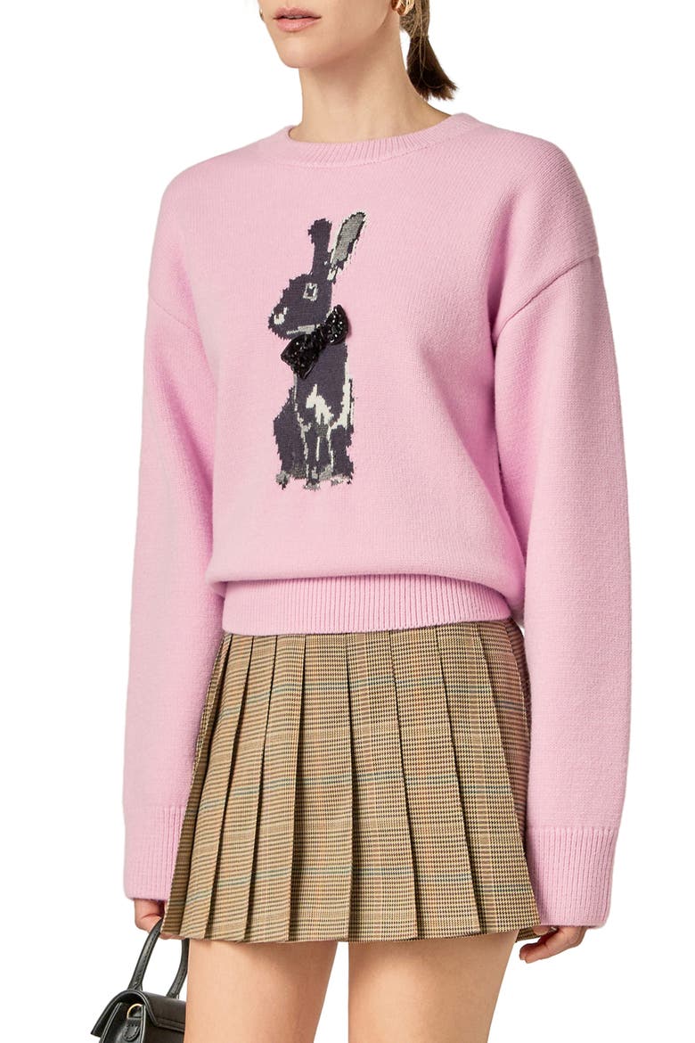 Embellished Intarsia Bunny Crewneck Sweater, Alternate, color, PINK/ BLACK