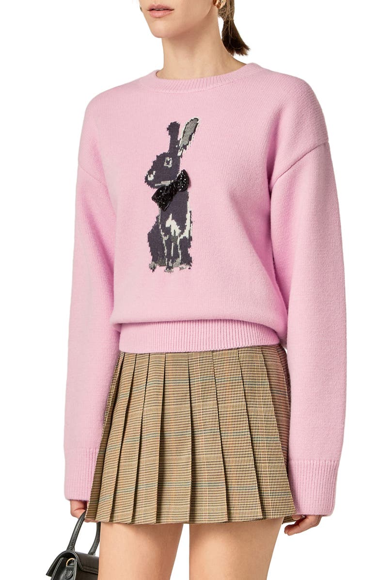 English Factory Embellished Intarsia Bunny Crewneck Sweater, Alternate, color, Pink/ Black