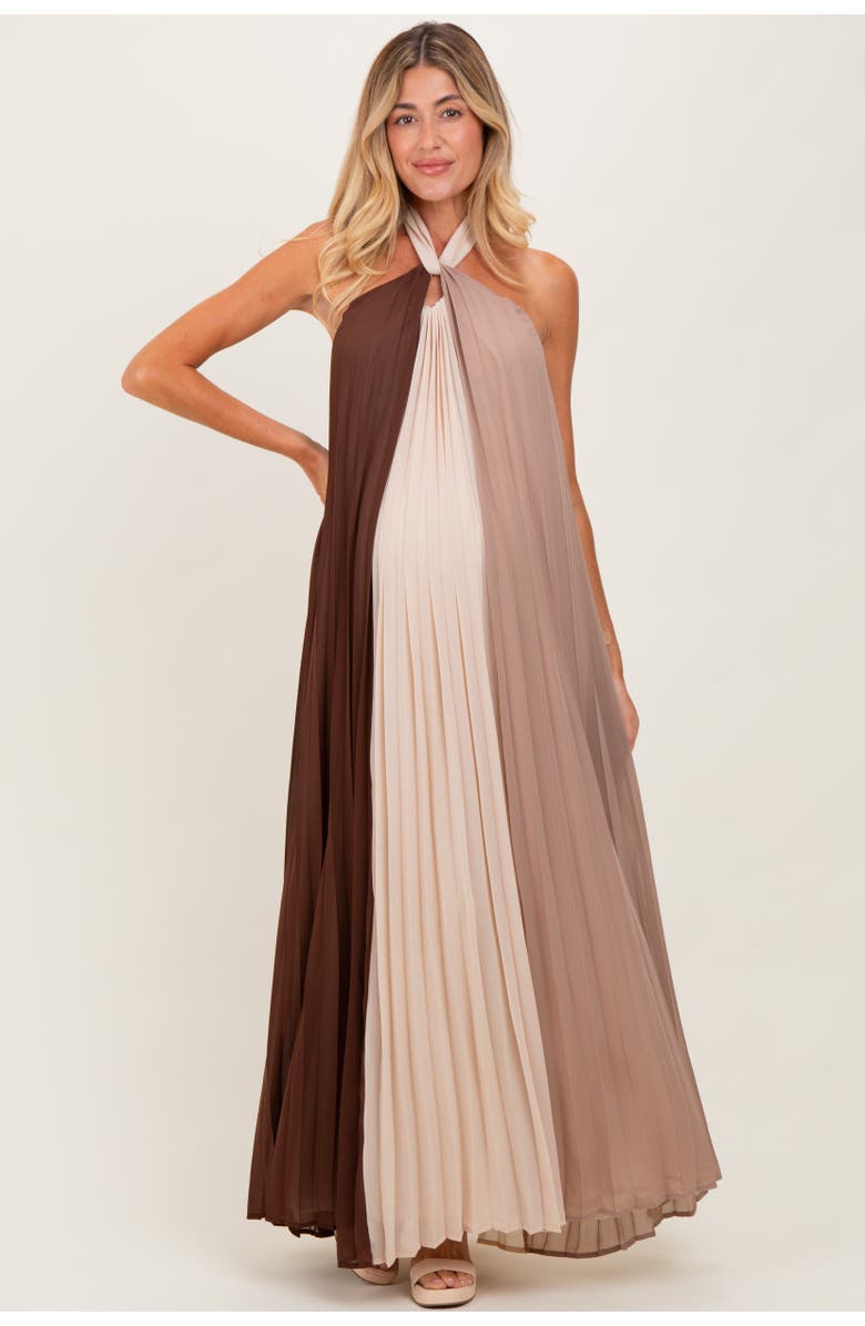 PinkBlush Colorblock Pleated Halter Neck Maxi Dress, Alternate, color, Brown