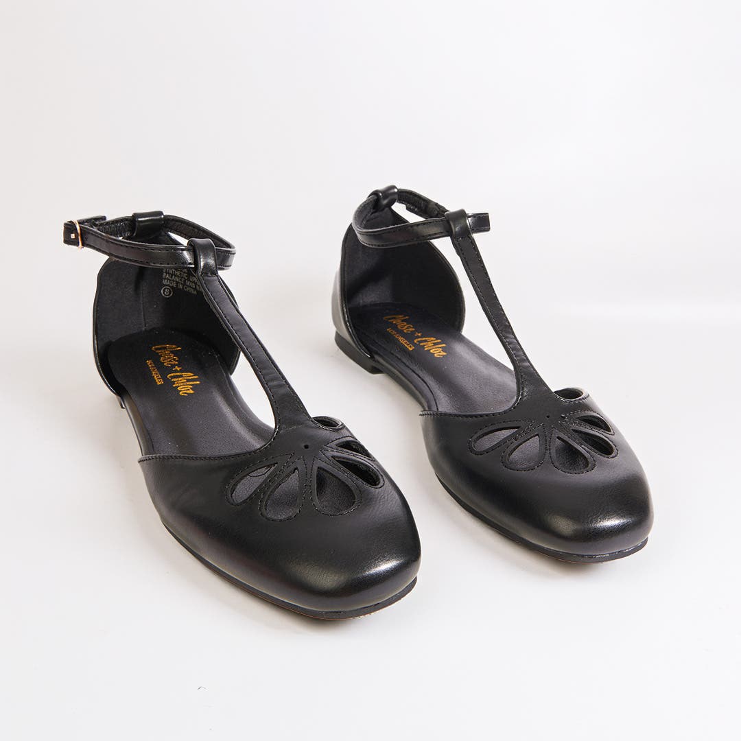 Unique Vintage 1920s Style T-Strap Flats, Main, color, Black Leatherette