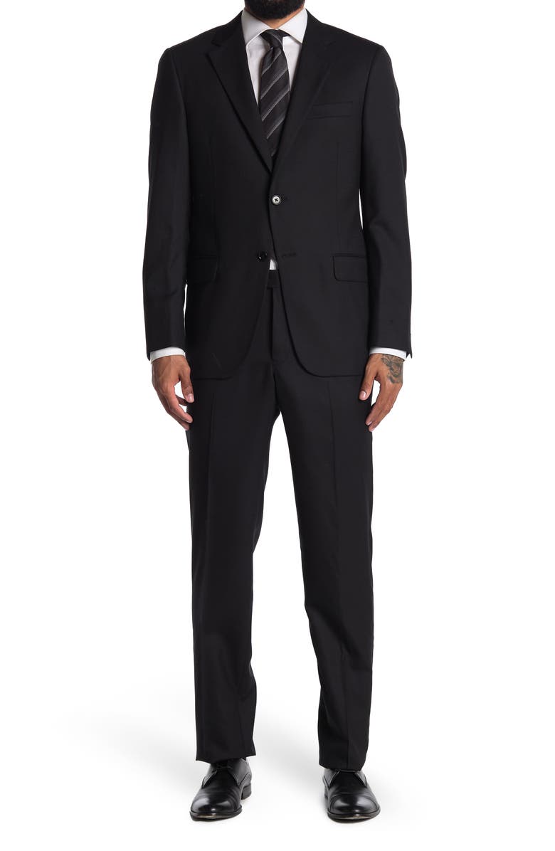 Hickey Freeman Black Solid Two Button Notch Lapel Wool Suit, Main, color, 