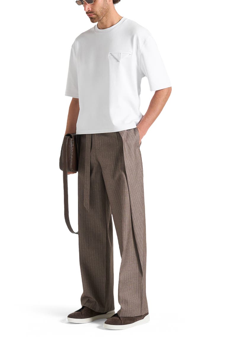 Charles Wide Fit Wrap Leg Pinstripe Tailored Trousers, Alternate, color, Taupe