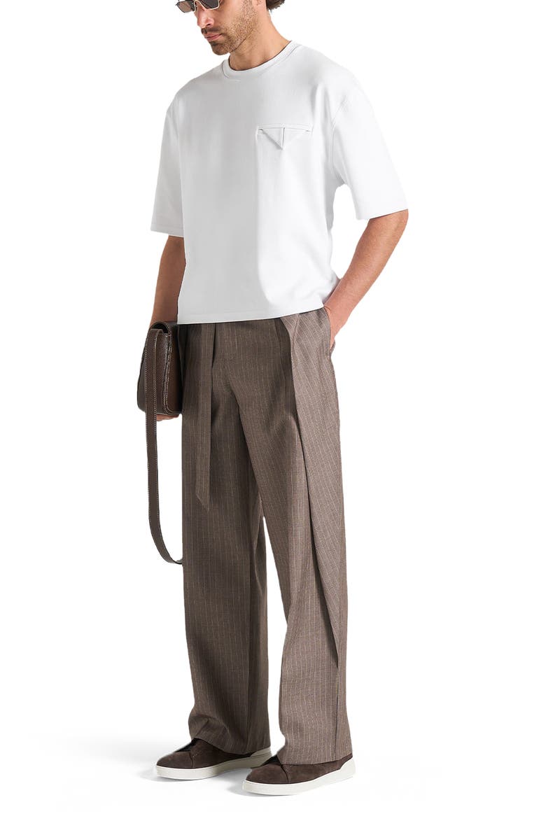 Manière De Voir Charles Wide Fit Wrap Leg Pinstripe Tailored Trousers, Alternate, color, Taupe