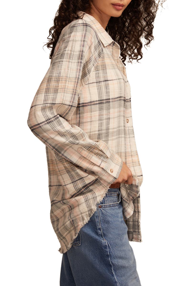 Lucky Brand Frayed Plaid Button-Up Tunic Shirt, Alternate, color, Cream Plaid