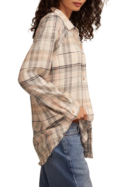 Lucky Brand Frayed Plaid Button-up Tunic Shirt In Neutral
