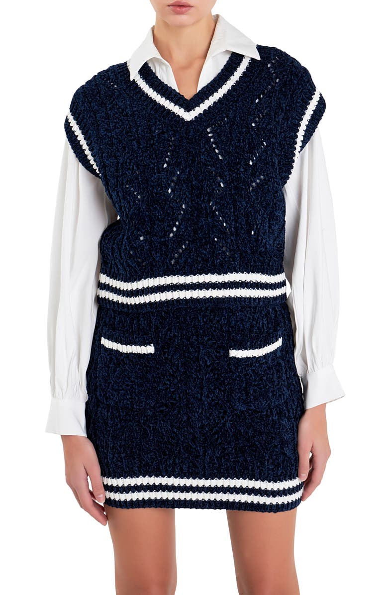 English Factory Stripe Trim Chenille Sweater Vest, Alternate, color, Navy/ White