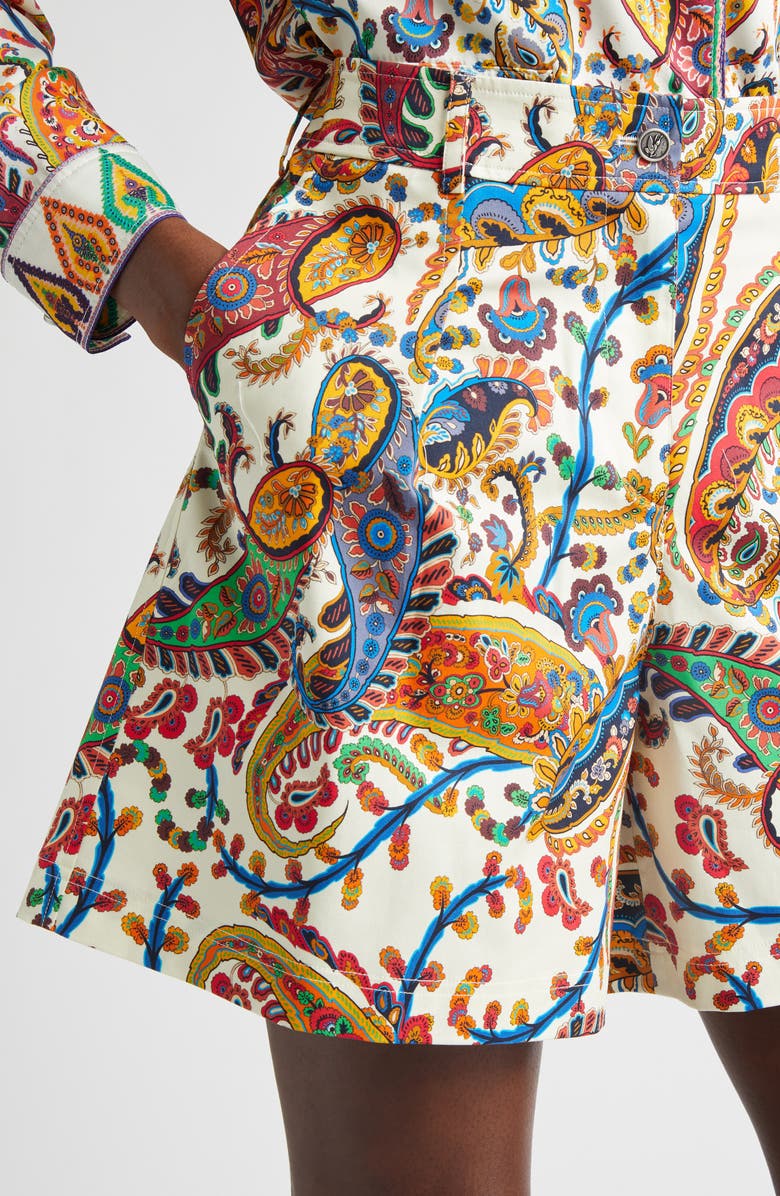 Etro Paisley Pleated Stretch Cotton Bermuda Shorts, Alternate, color, Print On White Base