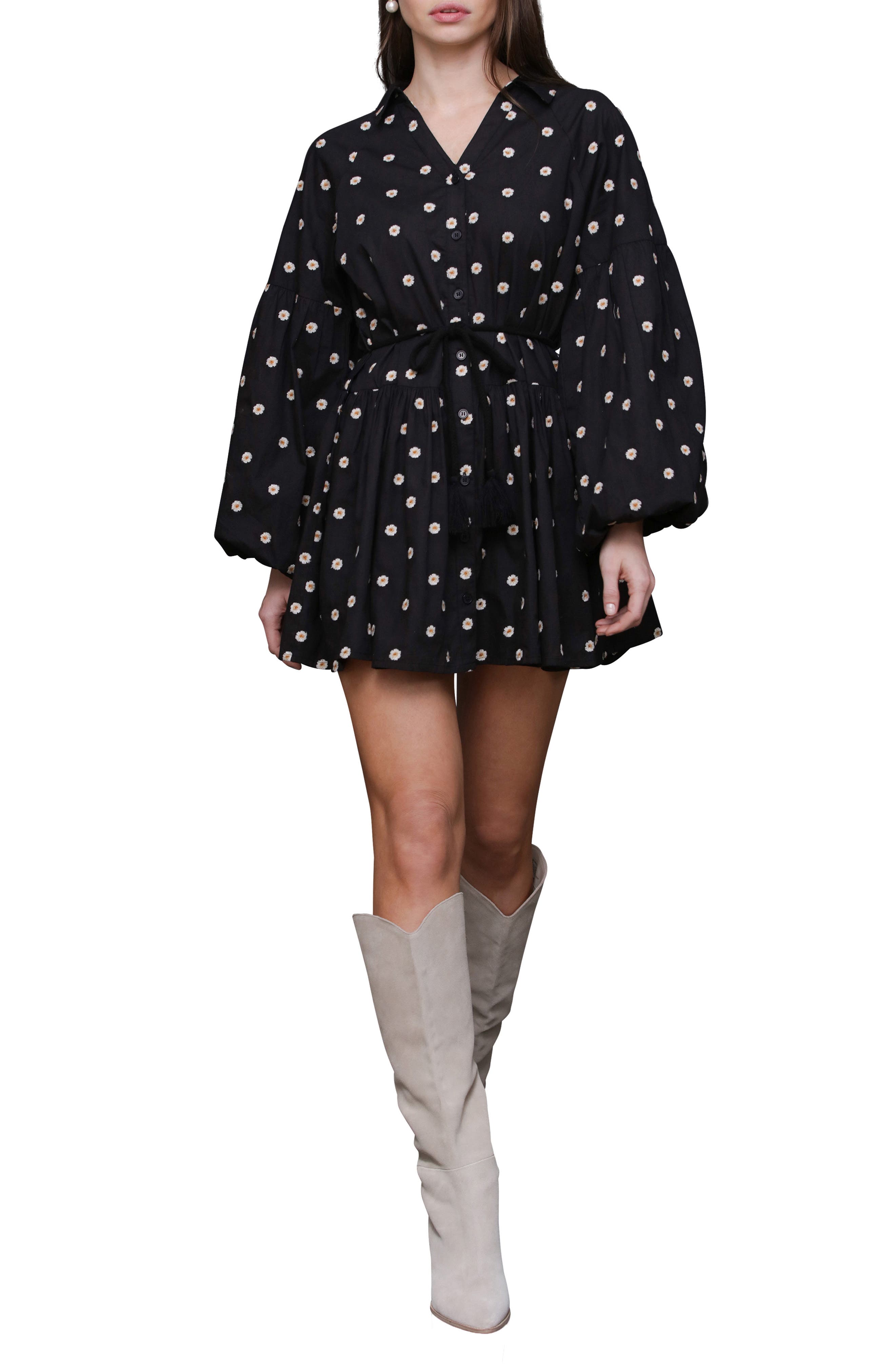 Avec Les Filles Embroidered Long Sleeve Babydoll Mini Shirtdress in Black Daisy Embroide 