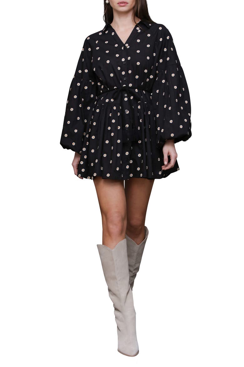 Embroidered Long Sleeve Babydoll Mini Shirtdress, Main, color, BLACK DAISY EMBROIDE
