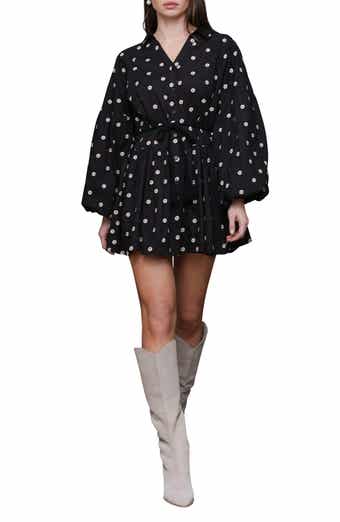 Avec Les Filles Embroidered Long Sleeve Babydoll Mini Shirtdress