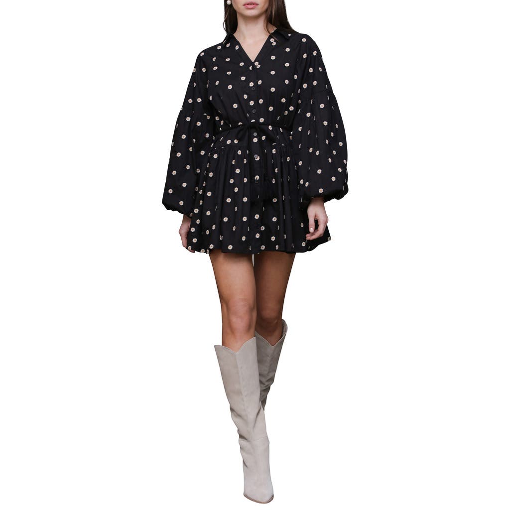 Avec Les Filles Embroidered Long Sleeve Babydoll Mini Shirtdress in Black Daisy Embroide