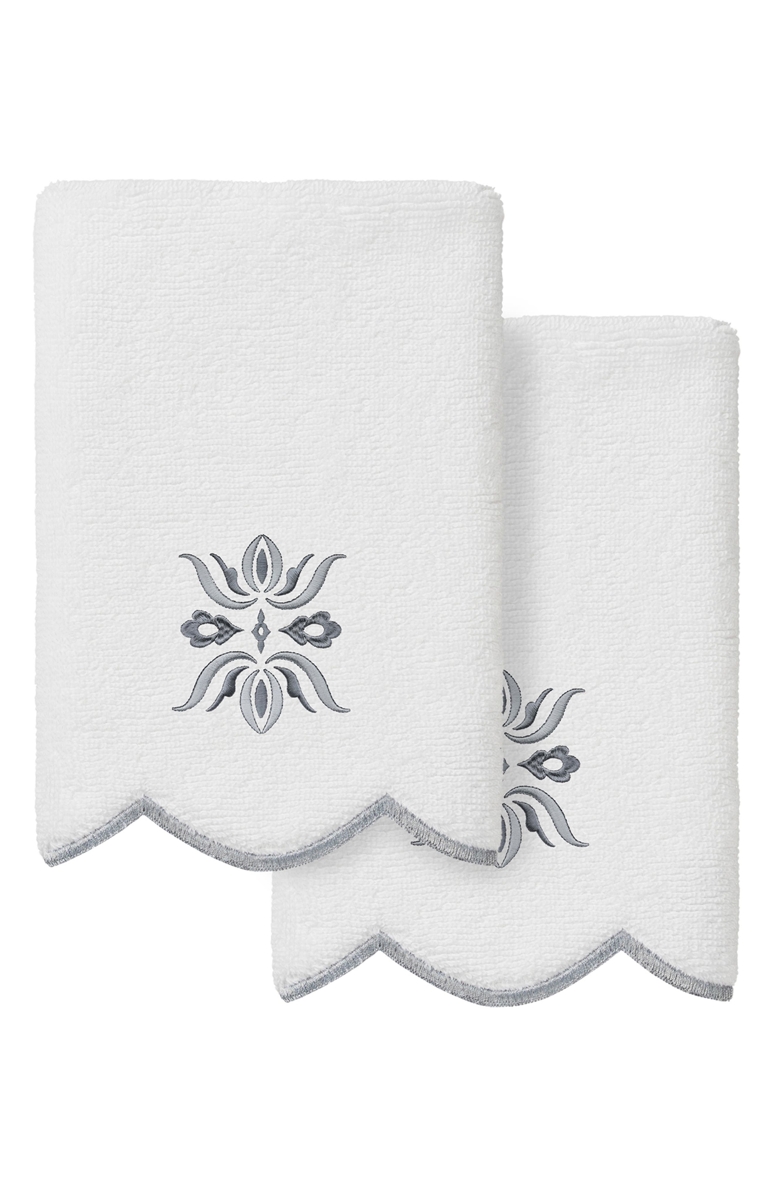Flower Crest Embroidered Scallop 2-Piece Towel Set