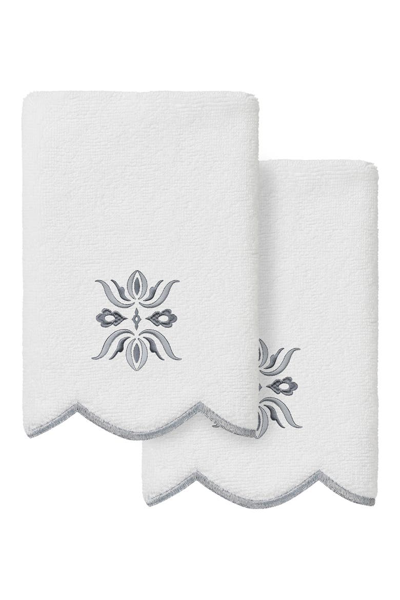 Flower Crest Embroidered Scallop 2-Piece Towel Set, Main, color, WHITE/ GRAY