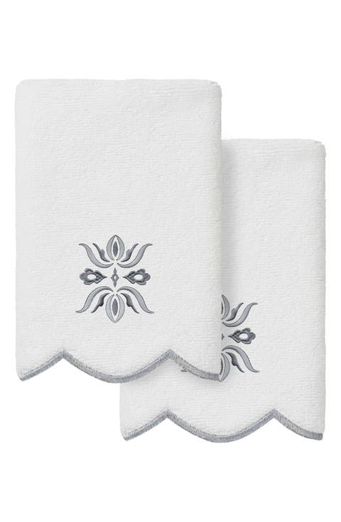 Flower Crest Embroidered Scallop 2-Piece Towel Set