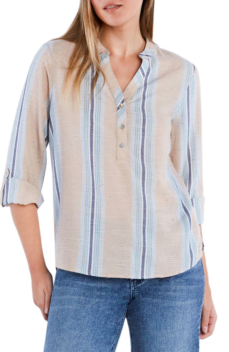 Billy T Belize Stripe Roll Tab Sleeve Popover Shirt, Alternate, color, Blue Multi Stripes