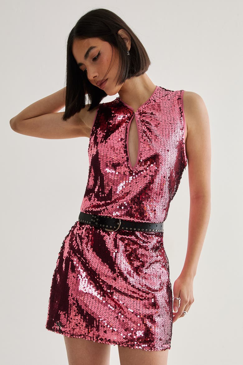 Sequin Plunge Keyhole Blouson Mini Dress, Main, color, Rose Pink