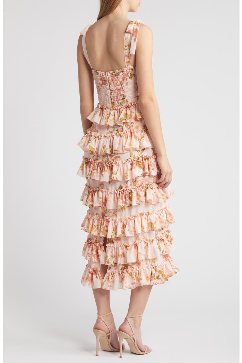 The Masie Floral Tiered Ruffle Cocktail Midi Dress, Alternate, color, VINTAGE ROSES
