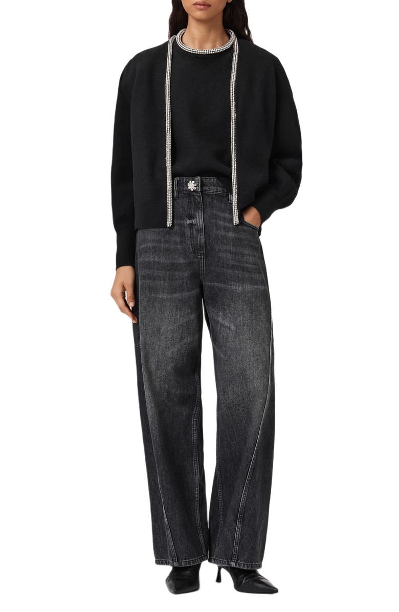 AllSaints Odell Rhinestone Collar Wool Sweater, Alternate, color, Black