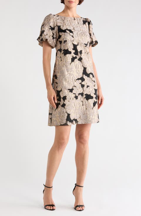 Lurex Jacquard Puff Sleeve Shift Dress