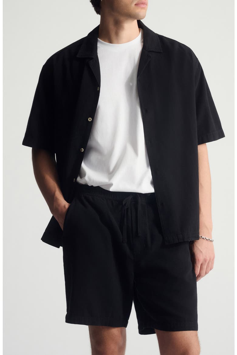 Short Sleeve Cotton & Linen Button-Up Shirt, Main, color, BLACK