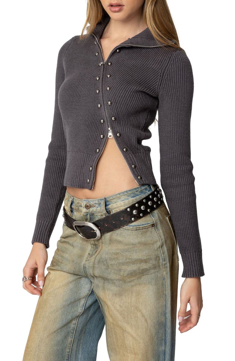 EDIKTED Rib Asymmetric Zip Cardigan, Alternate, color, Dark-Gray