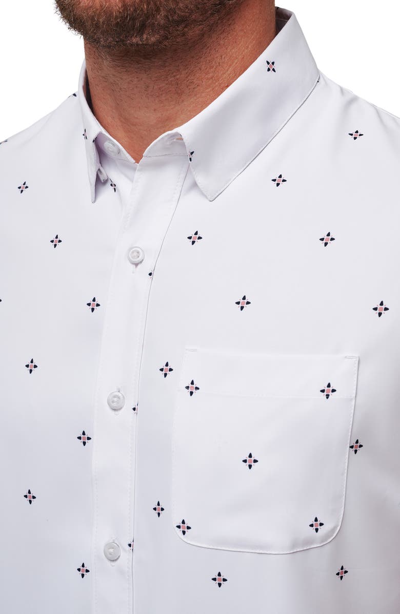 TravisMathew Olive Branch Geo Print Short Sleeve Button-Up Shirt, Alternate, color, White