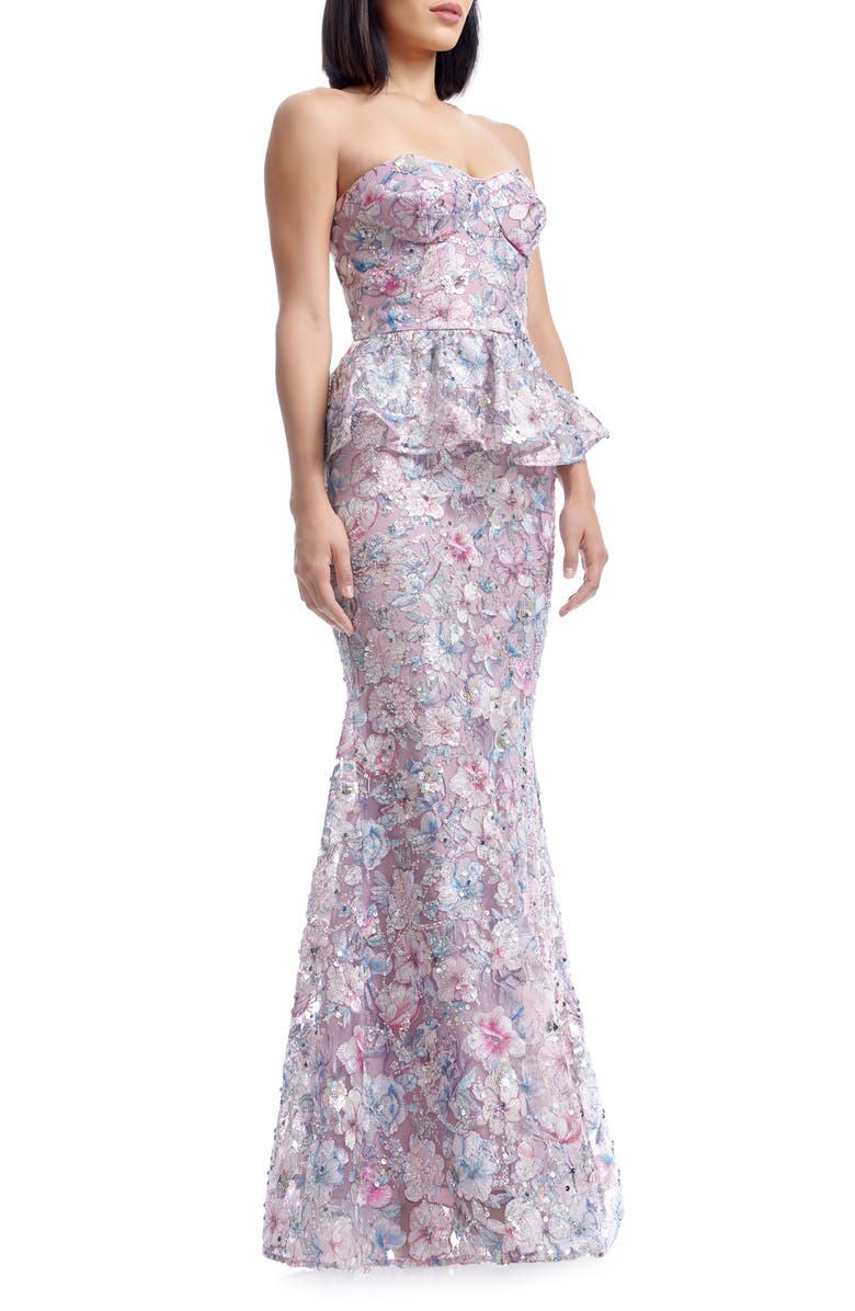 Dress the Population Scarlett Sequin Floral Embroidered Peplum Mermaid Gown, Alternate, color, Dusty Lavender