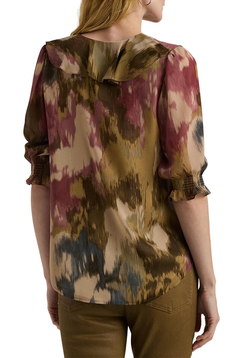 Lauren Ralph Lauren Ruffle Neck Crinkle Covered Button Top, Alternate, color, Tan Multi