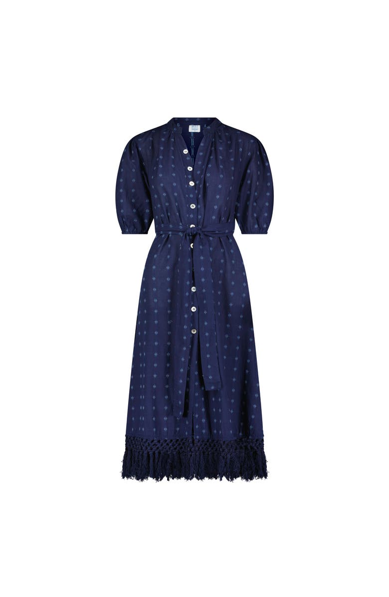 Mer St. Barth Estelle Women's Fringed Shirtdress Navy Turquoise Swiss Dot, Alternate, color, 