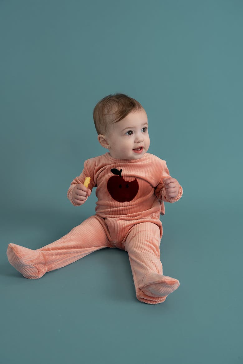 Apple Print Cotton Velour Romper, Alternate, color, Clay