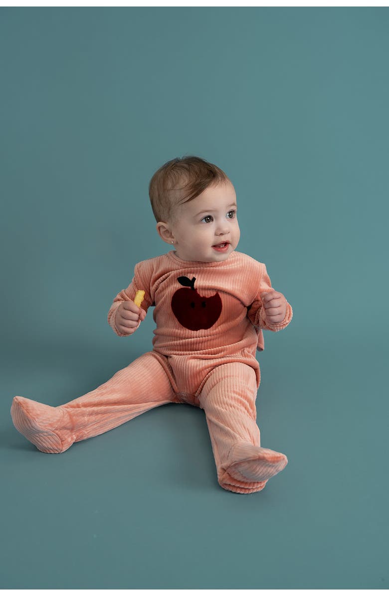 Mocha Apple Print Cotton Velour Romper, Alternate, color, Clay