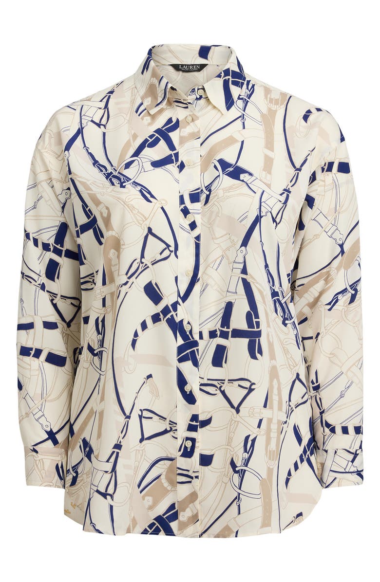 Lauren Ralph Lauren Belting Print Classic Fit Crepe Button-Up Shirt, Alternate, color, Cream/ Navy