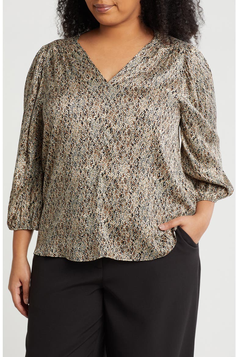 Dot Print Balloon Sleeve Top, Main, color, BLACK/ BEIGE MULTI