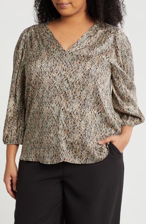 Dot Print Balloon Sleeve Top (Plus)