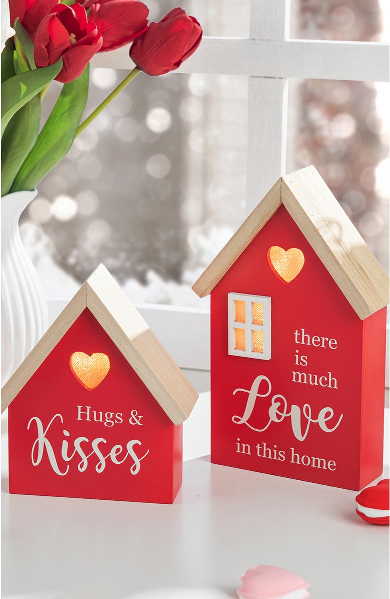 Glitzhome Set of 2 Lighted Valentine's Wooden House-shaped Table Decor, Alternate, color, Red