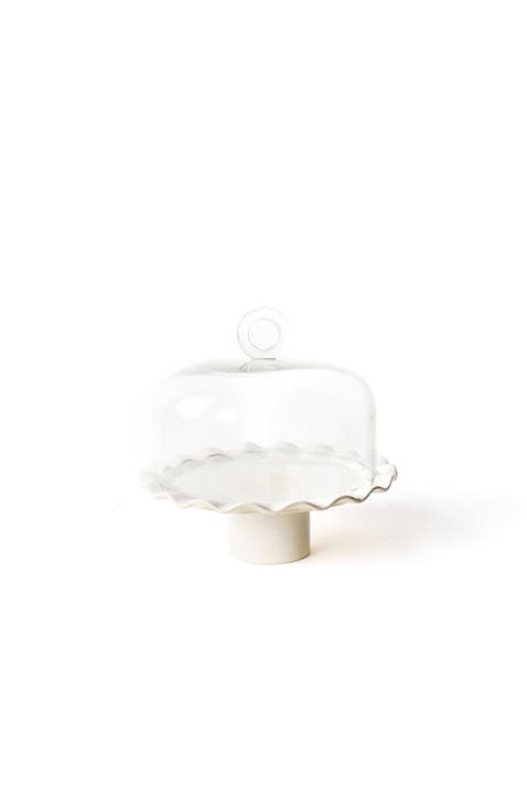 Signature White Ruffle Small Cake Stand with Glass Dome