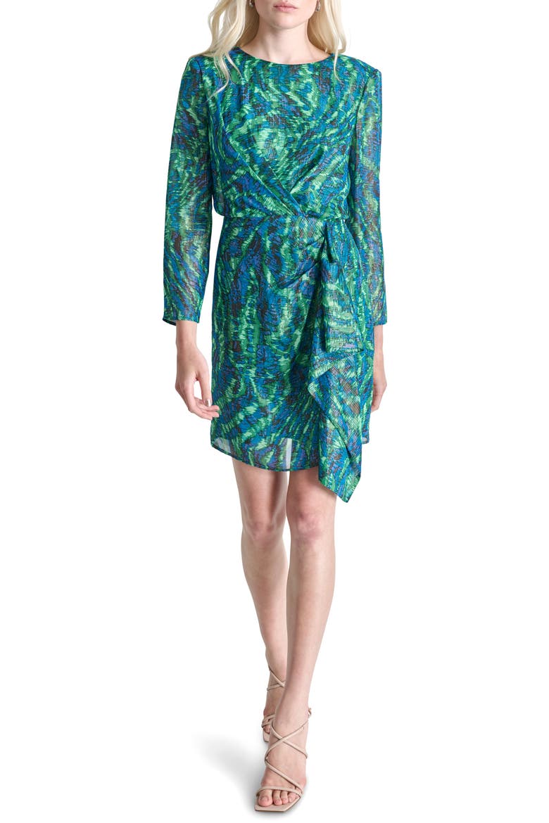 Long Sleeve Side Drape Dress, Main, color, BLACK/ BLUE/ GREEN