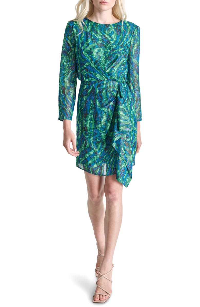 DKNY Long Sleeve Side Drape Dress, Main, color, Black/ Blue/ Green
