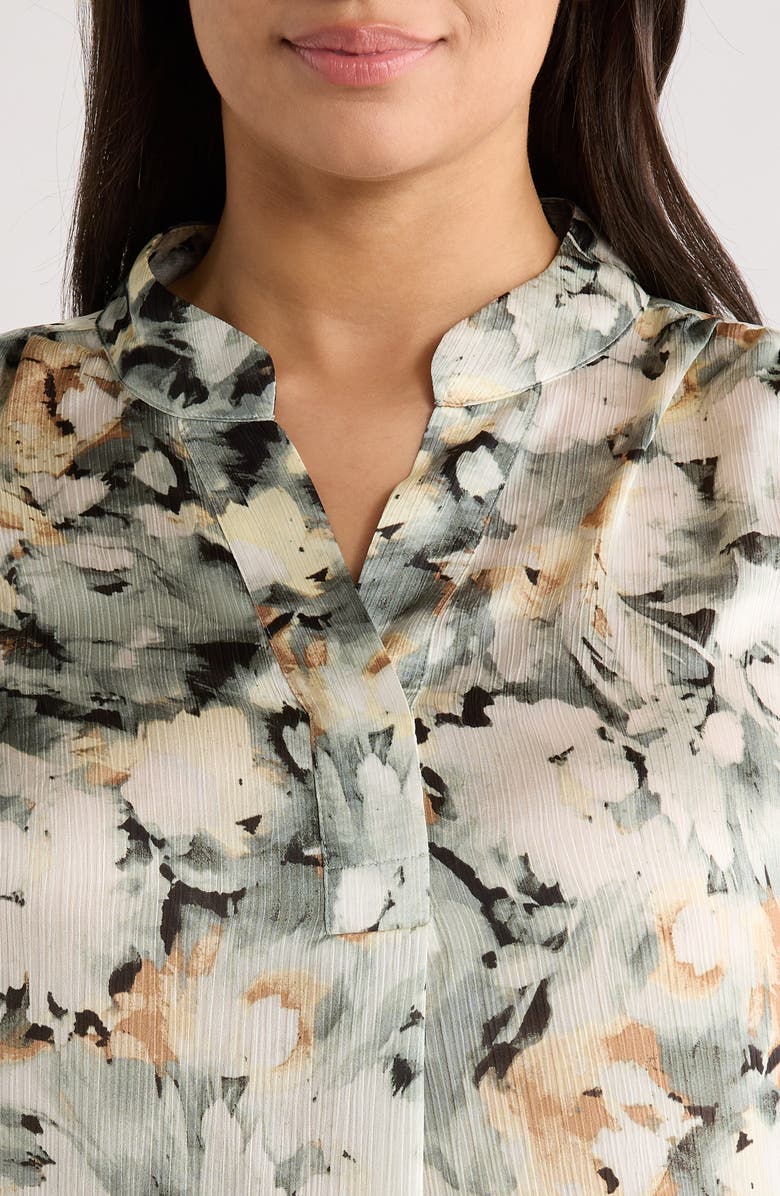 Anne Klein Pleated Split Neck Top, Alternate, color, Soft Aloe Multi