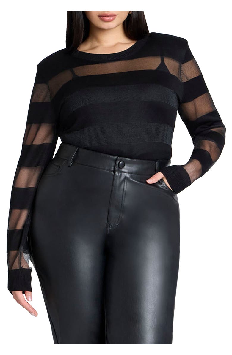 ELOQUII Sheer Stripe Sweater With Shoulder Pad, Main, color, Black