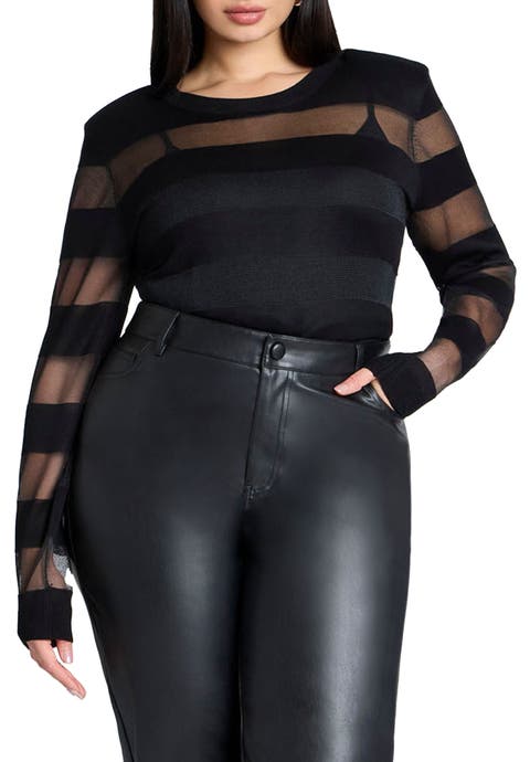 Sheer Stripe Sweater With Shoulder Pad (Plus Available)