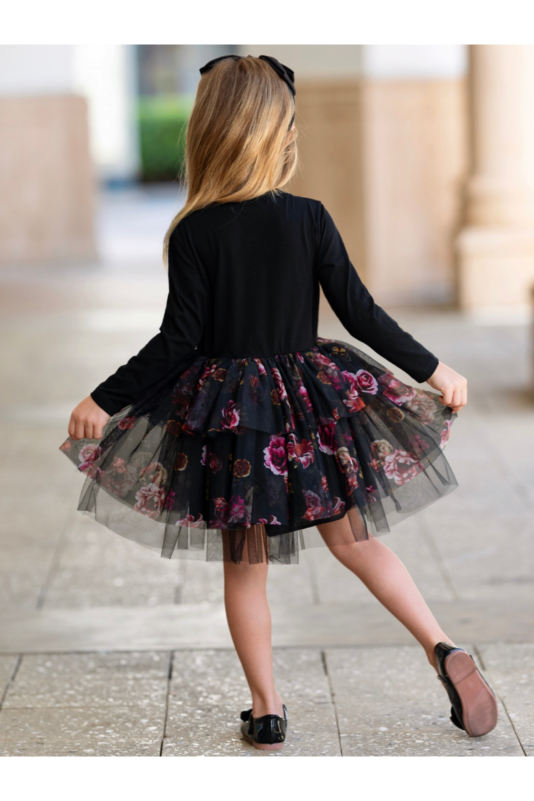 Midnight Bloom Tiered Tulle Dress, Alternate, color, Black