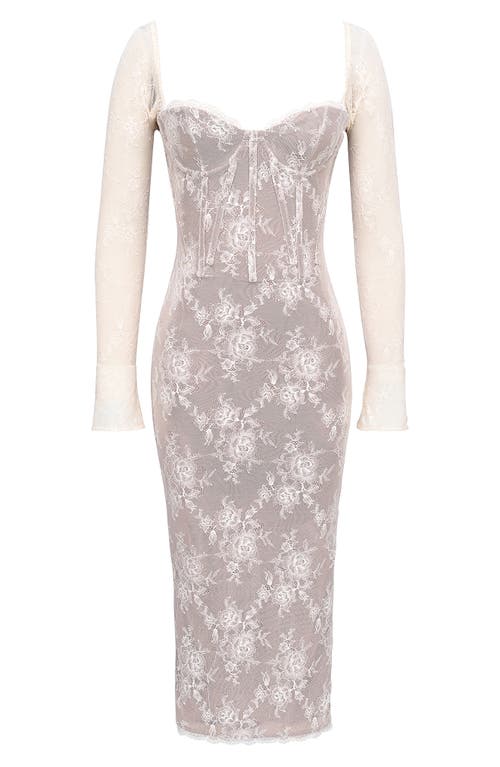 House Of Cb Saisha Long Sleeve Lace Cocktail Midi Dress In Vintage Cream