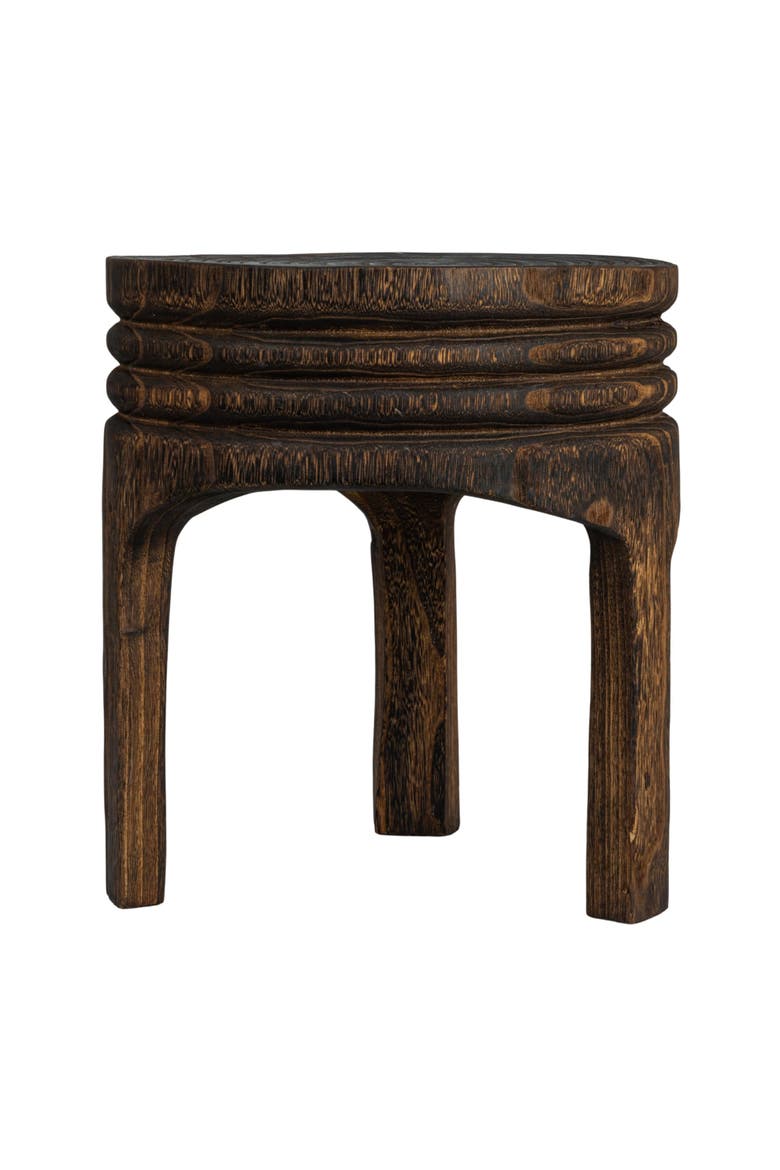 Paulownia Wood Carved Stool, Marbled Brown Finish, Alternate, color, Brown