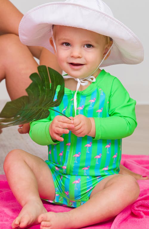 Ruggedbutts Neon Flamingo Long Sleeve One-piece Rashguard Swimsuit In Green