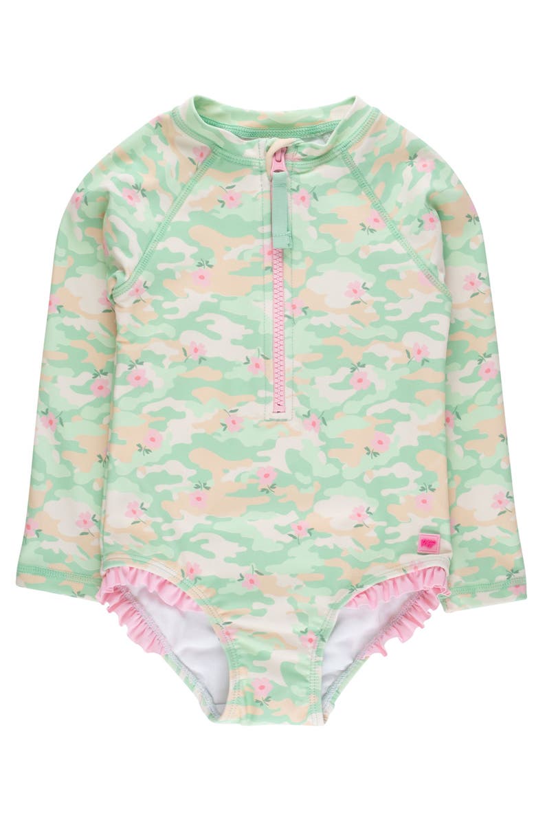 RuffleButts Girls UPF50+ Sun Protection Long Sleeve Rash Guard One Piece, Main, color, Sage Blossom Camo